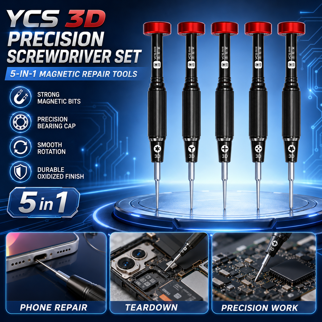 Electronics Repair Center - YCS YCS-T05 3D Hochpräzisions-Schraubendreher-Set Magnetischer Mini-Bolzendreher-Satz